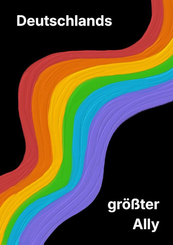 Das Zine-Cover ist schwarz mit einem gewellten Regenbogen, der wie mit pastoser Farbe gemalt diagonal von links unten nach rechts oben verläuft. In weißer Schrift steht der Titel 'Deutschlands größter Ally'.