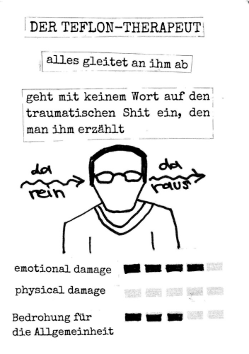 Seite 2:
Der Teflon-Therapeut:
- alles gleitet an ihm ab
- geht mit keinem Wort auf den traumatischen Shit ein, den man ihm erzählt. Eine Zeichnung zeigt den Kopf und Oberkörper eines Mannes mit Brille. Ein Pfeil deutet durch seinen Kopf: da rein - da raus
Seine Stats sind in Kästchen angegeben: emotional Damage 4/5 , physical damage 0/5 , Bedrohung für die Allgemeinheit 3/5
