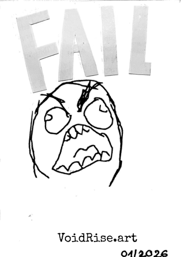 Die letzte Seite zeigt das klassische Rage-Face. Darüber steht in ausgeschnittenen hellgrauen Buchstaben: 'FAIL'. Am unteren Rand steht: VoidRise.art, 01/2026