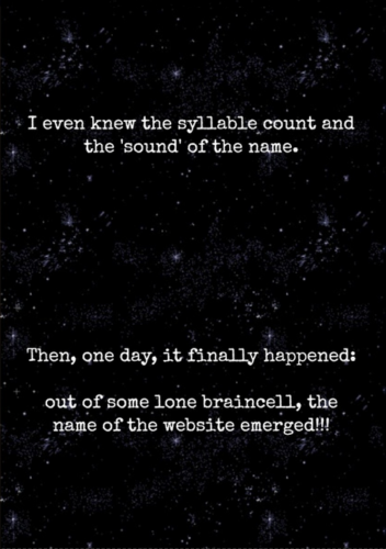 Page 6 of the Web 1.0 Nostalgia zine has a black background with small scattered stars. White text says: 'I even knew the syllable count and the 'sound' of the name. Then, one day, it finally happened: out of some lone braincell, the name of the website emerged!!!'