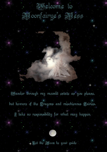 Page 7 of the Web 1.0 Nostalgia zine shows a screenshot of the rediscovered website. It has a black background with small scattered stars. Turquoise text in a decorative, intricate font says: 'Welcome to Moonfairye's Mess'. There is an image of a cloud with a white fairy in front of a bright full moon. The text continues: 'Wander through my moonlit estate as you please, but beware of the Dragons and mischievous Fairies. I take no responsibility for what may happen.' A small full moon is below. At the bottom, the text says: 'Let the Moon be your guide.'